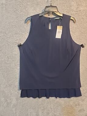 RALPH LAUREN Navy Crepe Pleated Hem Sleeveless A-line Tank Top 18